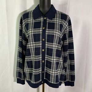 Vintage Eccobay Blue White & Metallic Gold Plaid Button Front Collared Cardigan